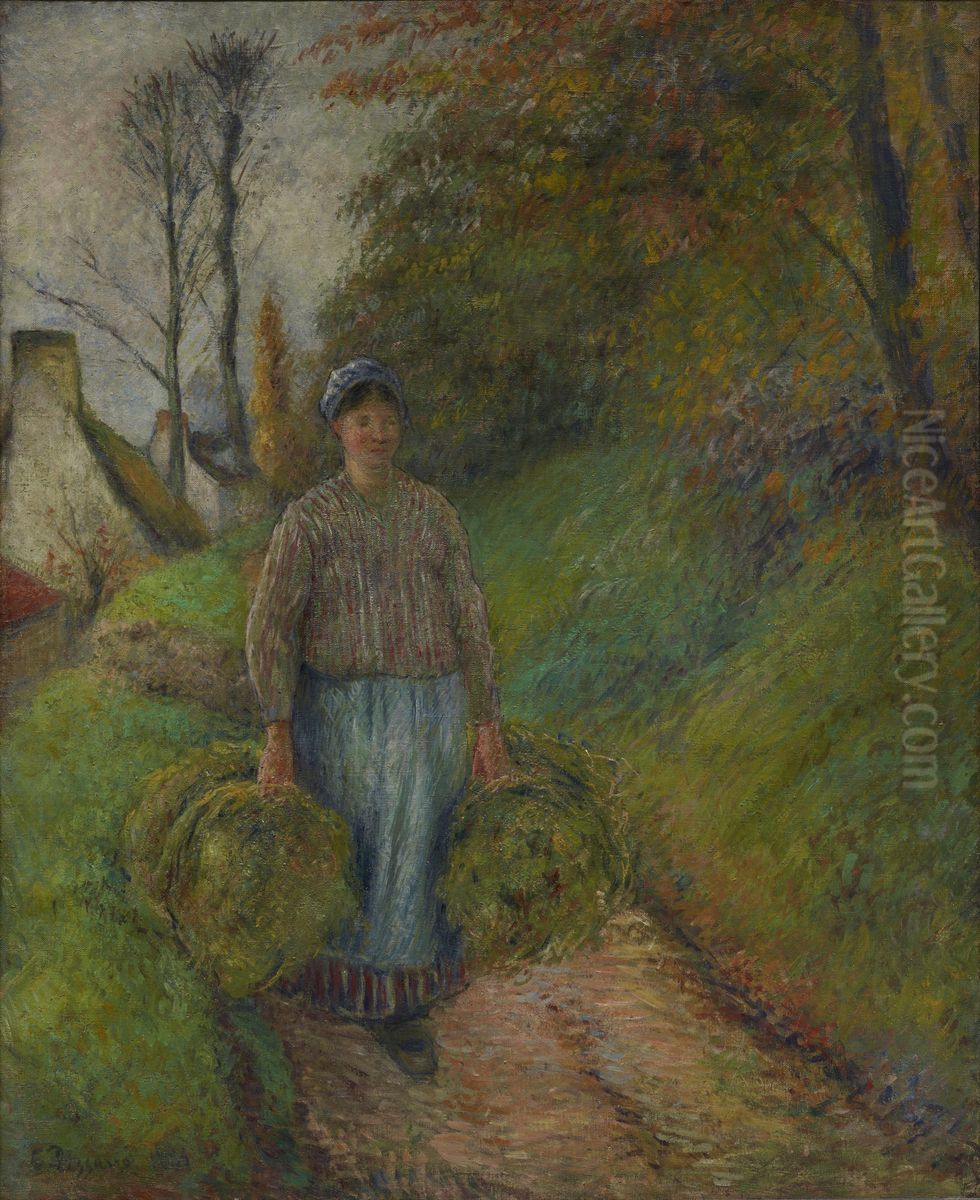 Peasant Woman Carrying Two Bundles of Hay Oil Painting by Camille Pissarro