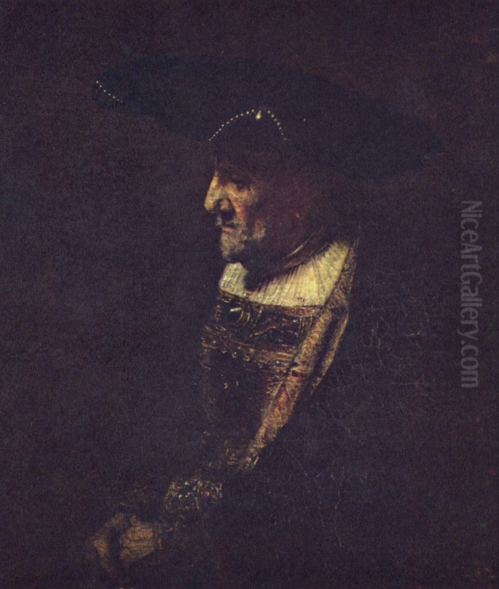 Portret mezczyzny w kapeluszu z perlami. Oil Painting by Rembrandt