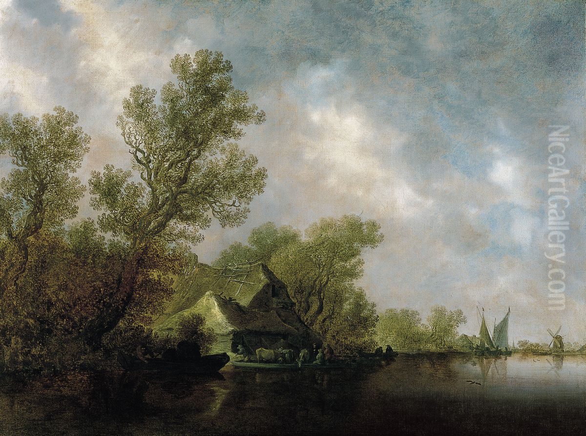 River Landscape with Ferry and cottages Oil Painting by Jan van Goyen