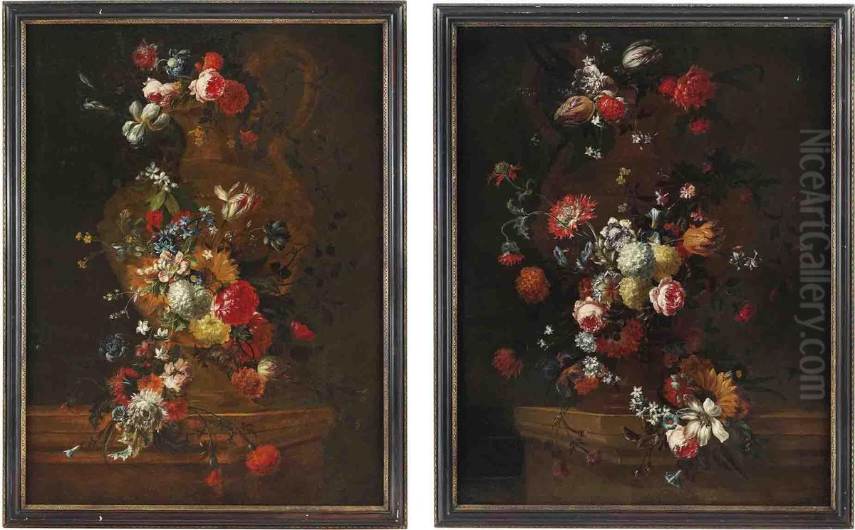 Carnations, Peonies, Morning Glory, Roses, Tulips And Other Flowers Decorating An Urn On A Stone Ledge; And Tulips, Roses, Peonies, Narcissi And Other Flowers Decorating An Urn On A Stone Ledge Oil Painting by Pieter Casteels