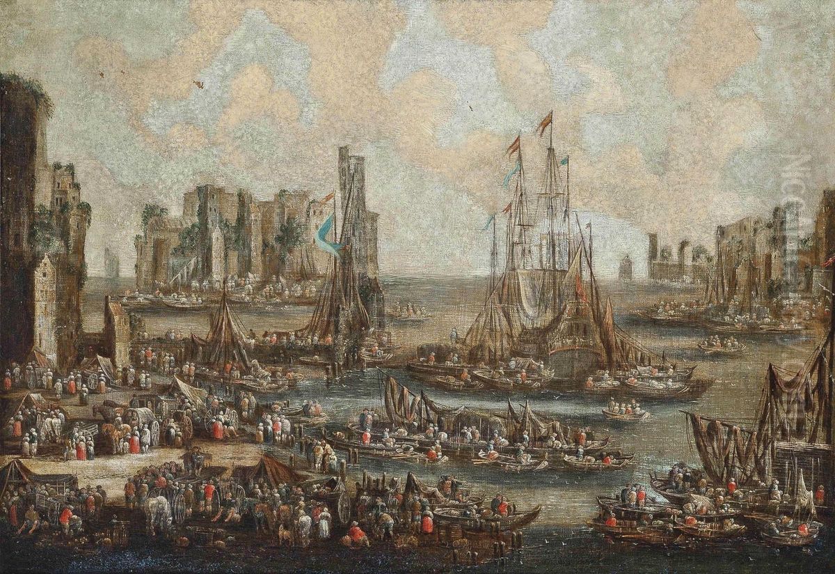 A Mediterranean Harbour Scene With Ships Unloading Their Cargo Oil Painting by Pieter Casteels