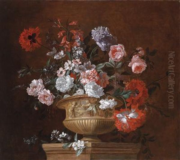 A Magnificent Floral Still Life In A Stone Vase Oil Painting by Pieter Casteels
