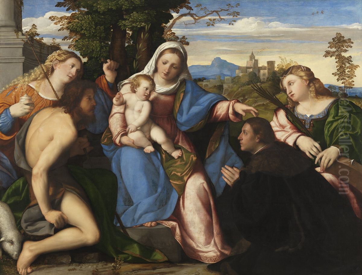 The Virgin and Child with Saints and a Donor Oil Painting by Palma Vecchio