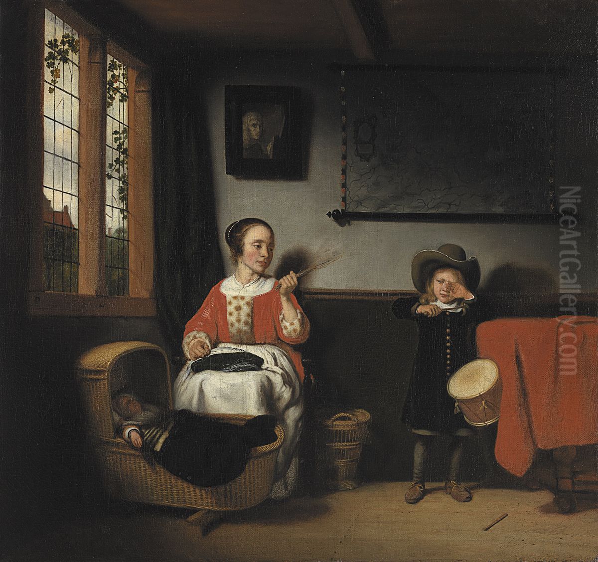 Jonge vrouw met een roede bij een wieg en een jongen met een trommel Oil Painting by Nicolaes Maes