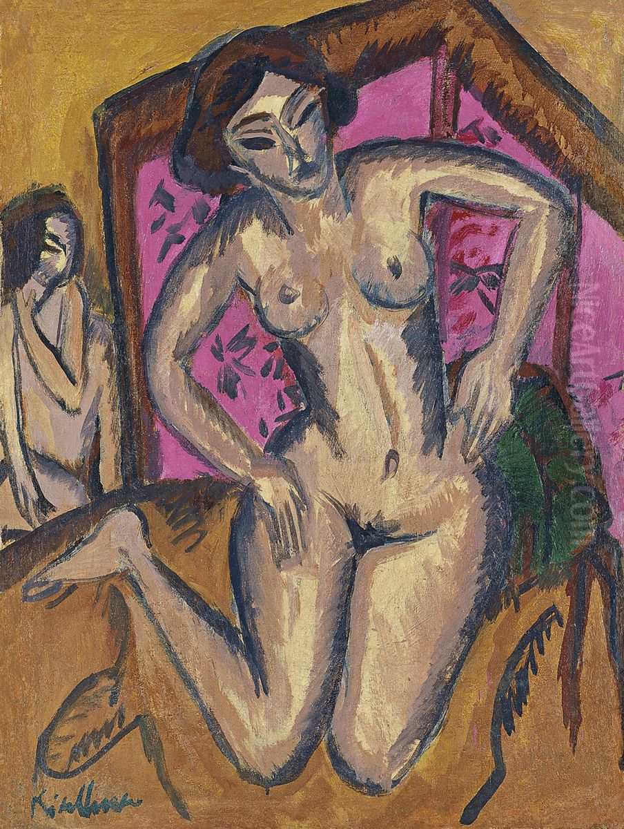 Desnudo de rodillas ante un biombo rojo (reverso: Desnudo sentado con pierna doblada) Oil Painting by Ernst Ludwig Kirchner