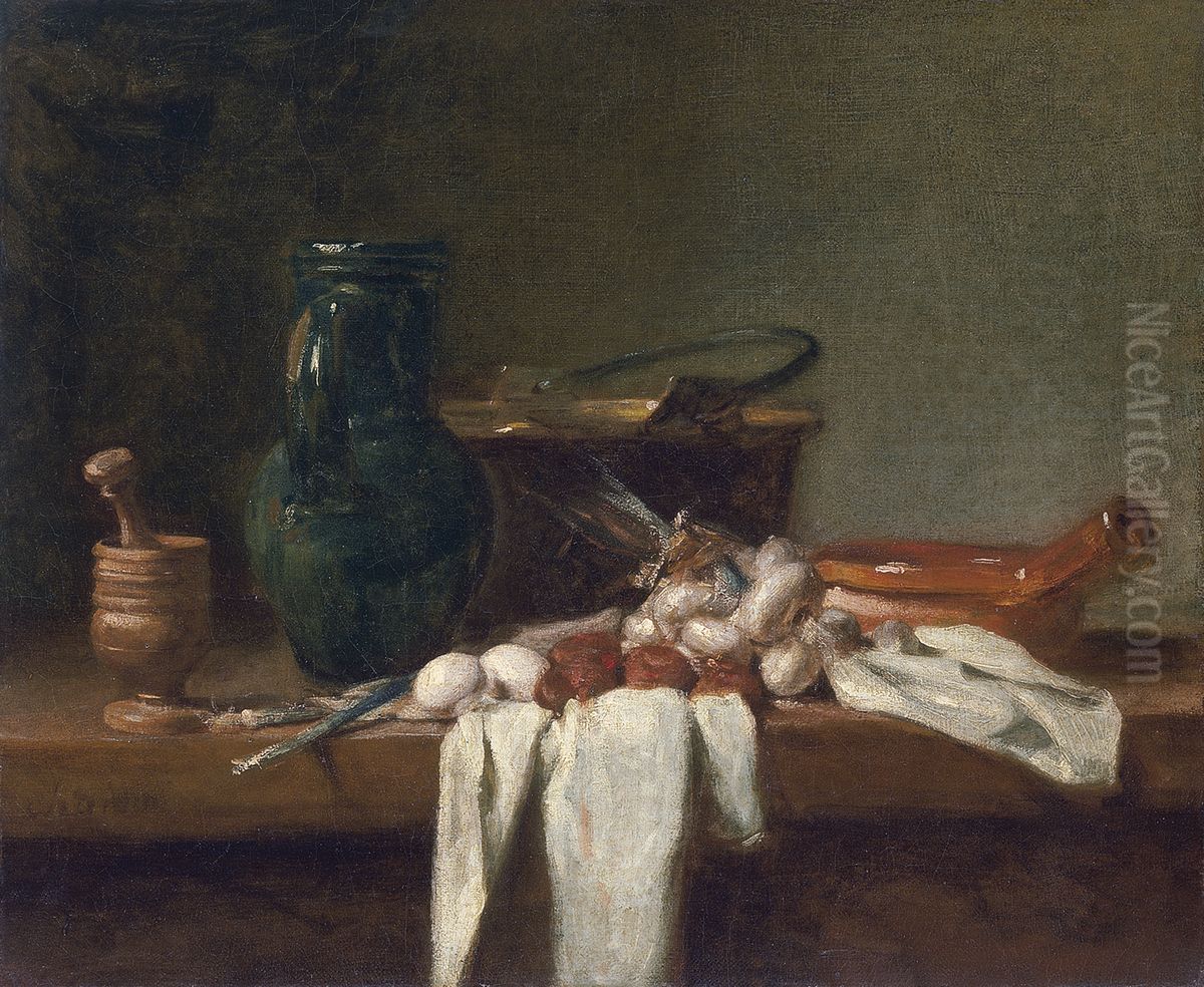 Still Life with Pestle and Mortar, Pitcher and copper Cauldron Oil Painting by Jean-Baptiste-Simeon Chardin