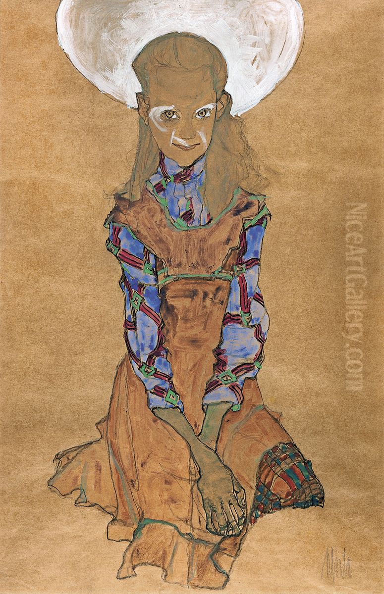 Seated Girl (Poldi Lodzinsky]) Oil Painting by Egon Schiele