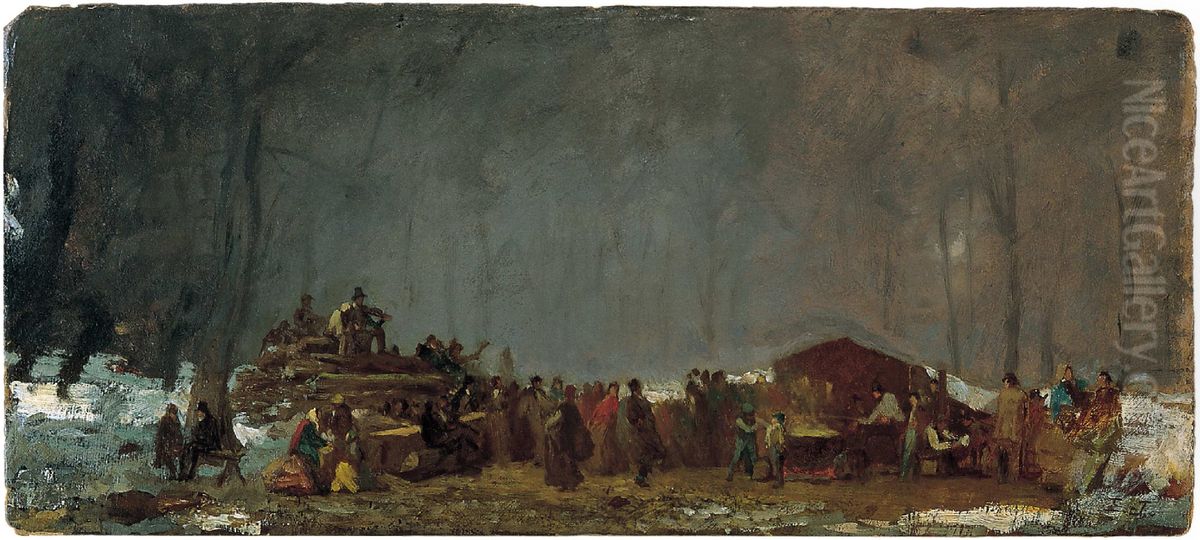 The maple sugar camp-turning off Oil Painting by Eastman Johnson