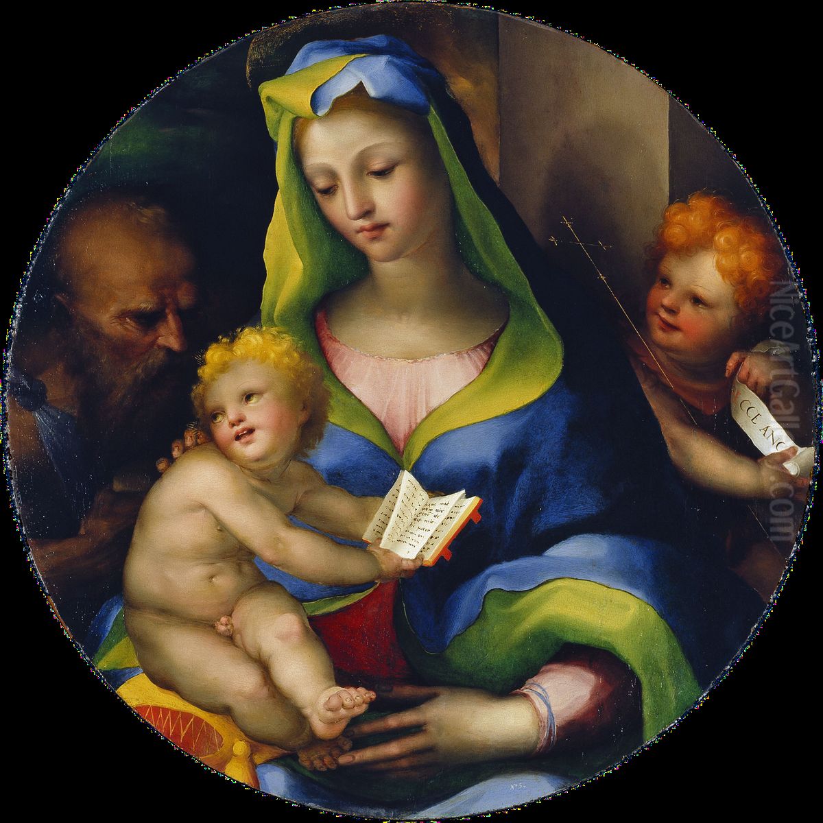 The Virgin and Child with the Infant Saint John and Saint. JeromeEspanol:La Virgen y el Nino con san Juanito y san JeronimoItaliano:La Vergine e il Bambino con San Giovanni e San GerolamoFrancais :Vierge a l'Enfant avec saint Jerome et saint Jean Baptiste Oil Painting by Domenico Beccafumi