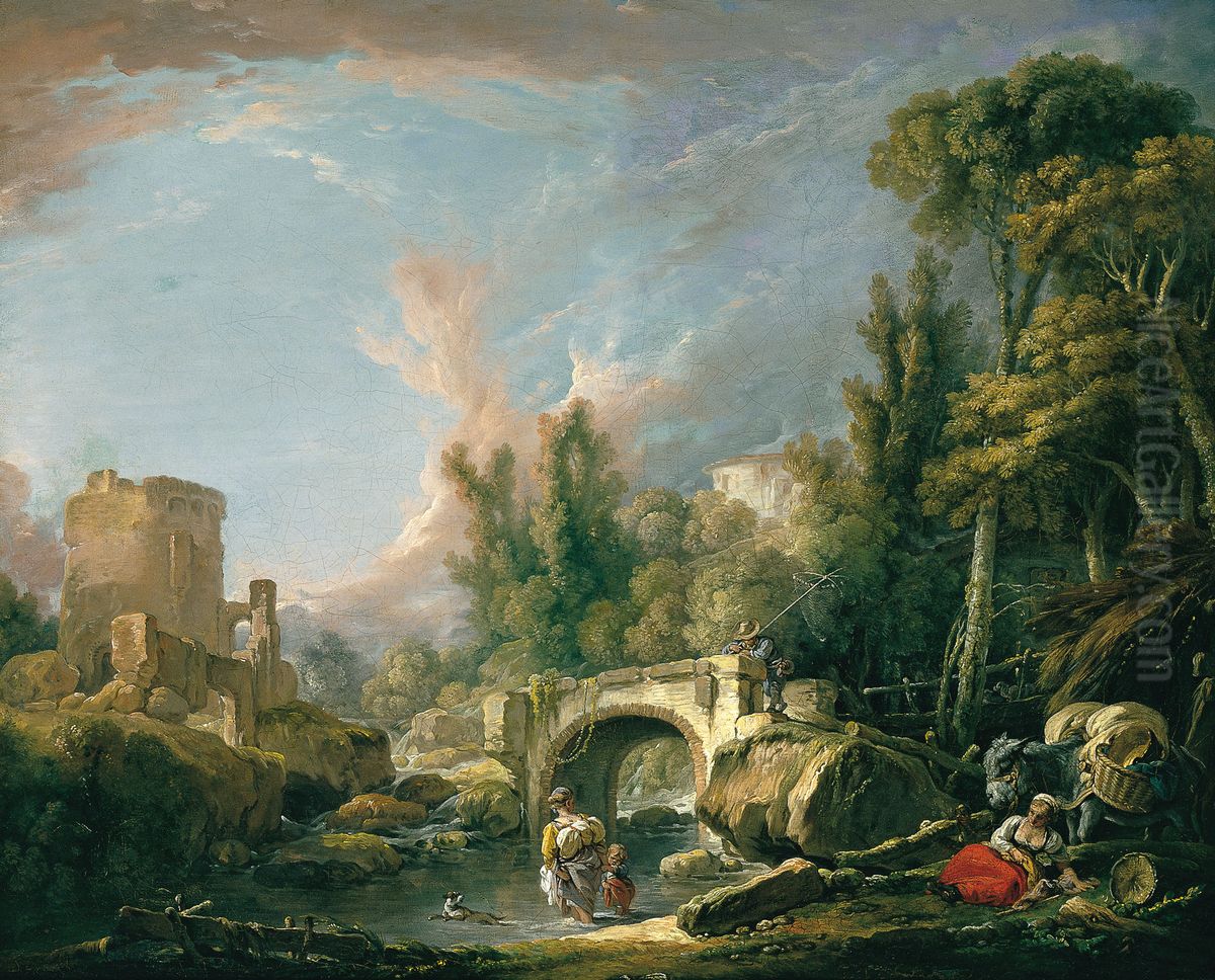 Paisaje fluvial con ruina y puente Oil Painting by Francois Boucher