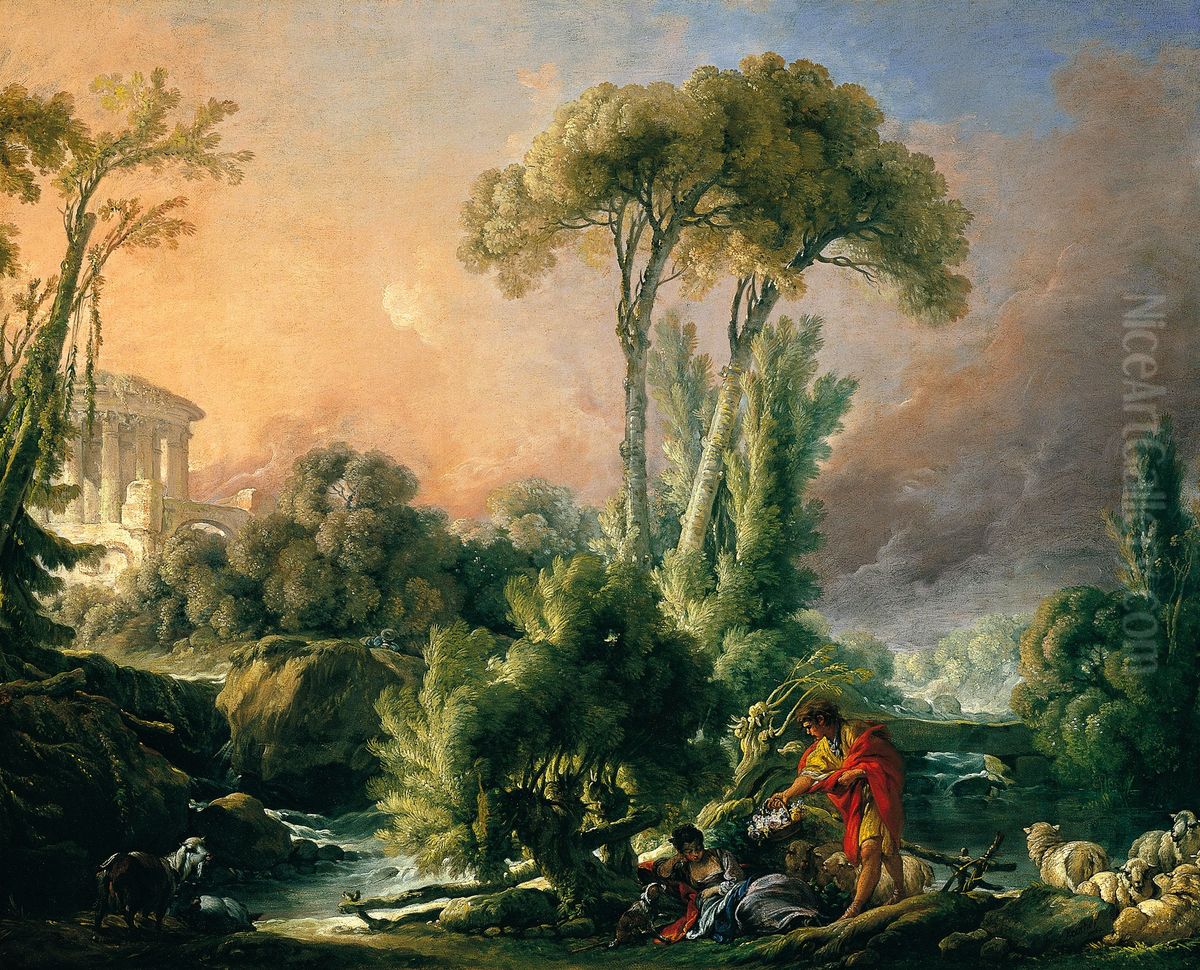 Paysage fluvial avec temple antique Oil Painting by Francois Boucher