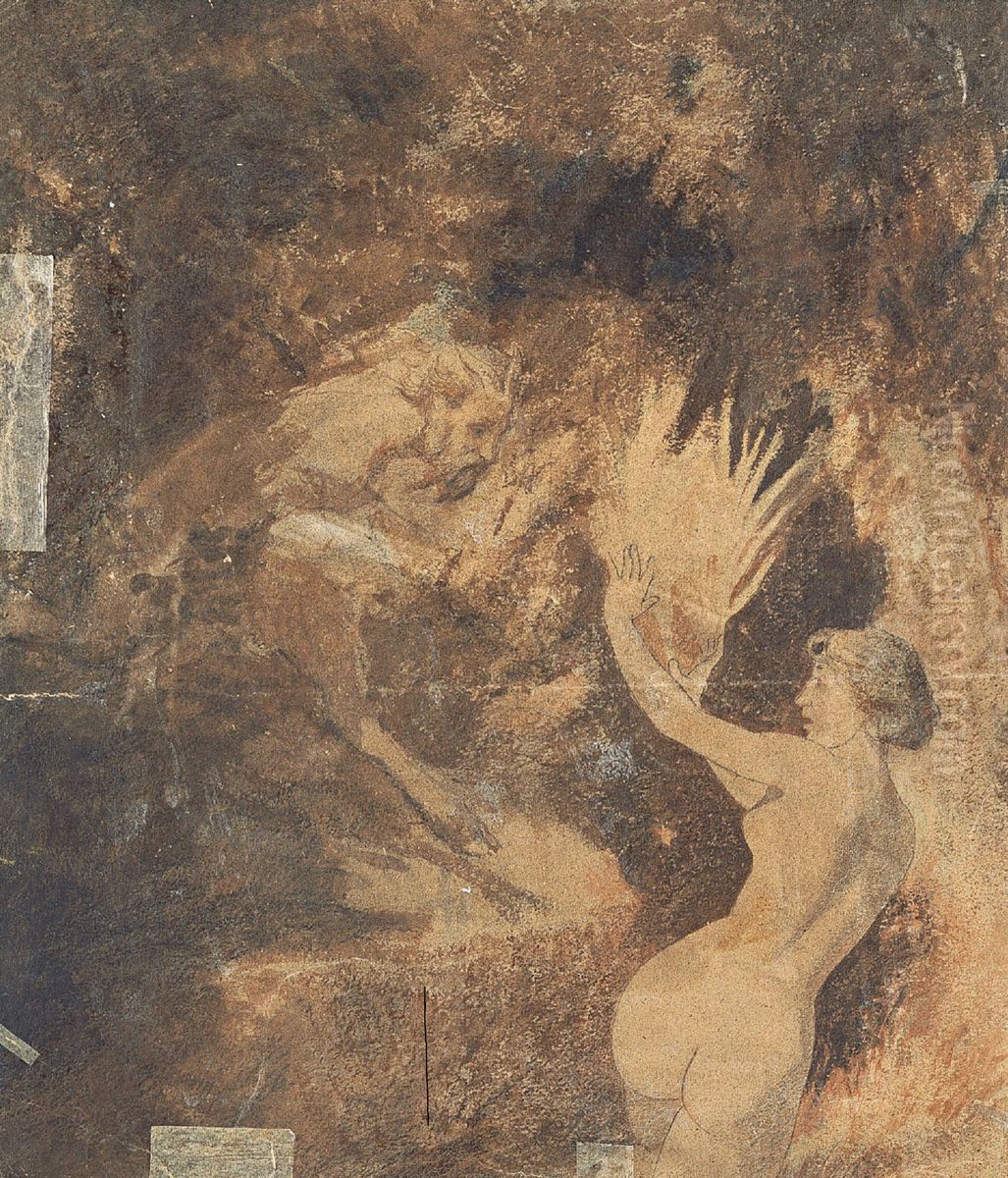 Pan jagd eine Nymphe (Ruckseite vonNymphe an einem Brunnen) Oil Painting by Arnold Bocklin