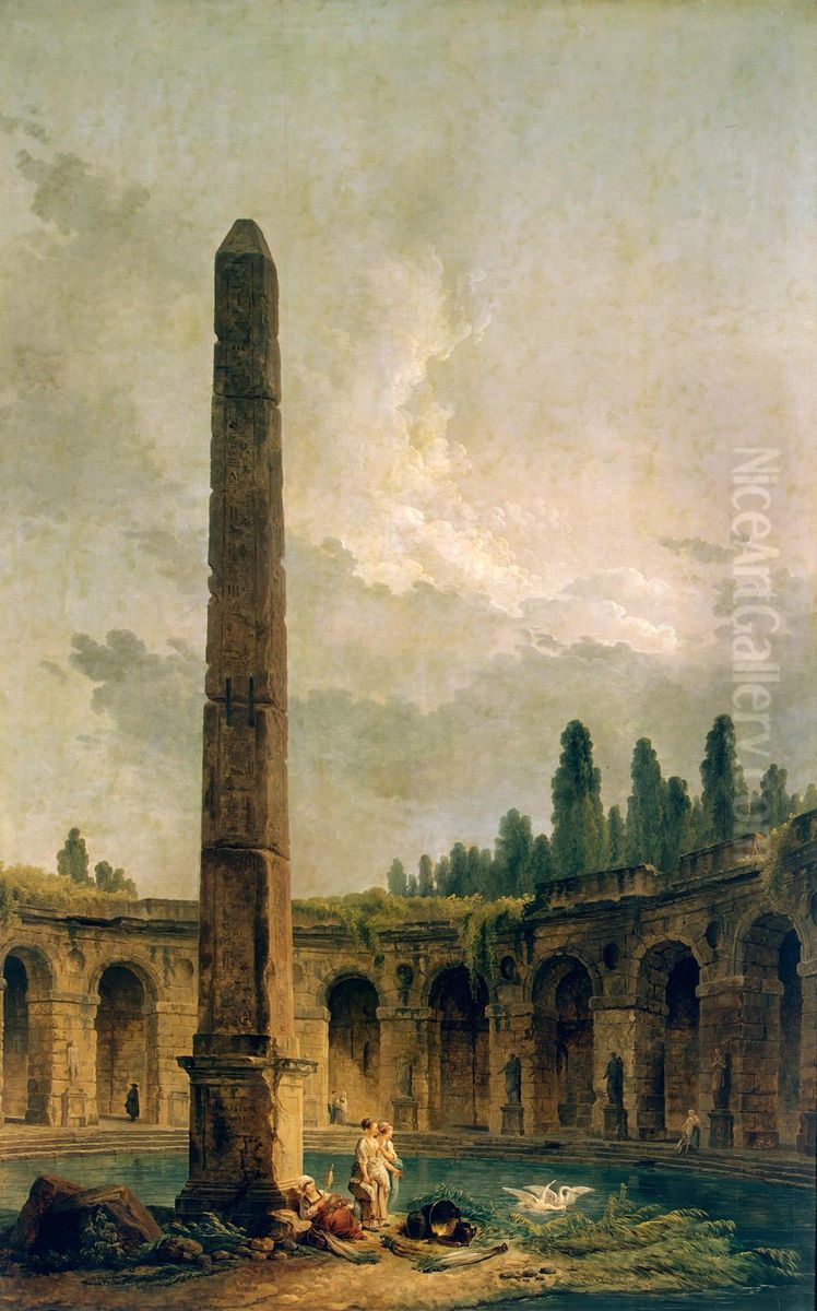 Decorative Landscape with an Obelisk Oil Painting by Hubert Robert