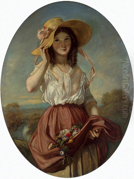 Girl with flowers Oil Painting by Camille Roqueplan