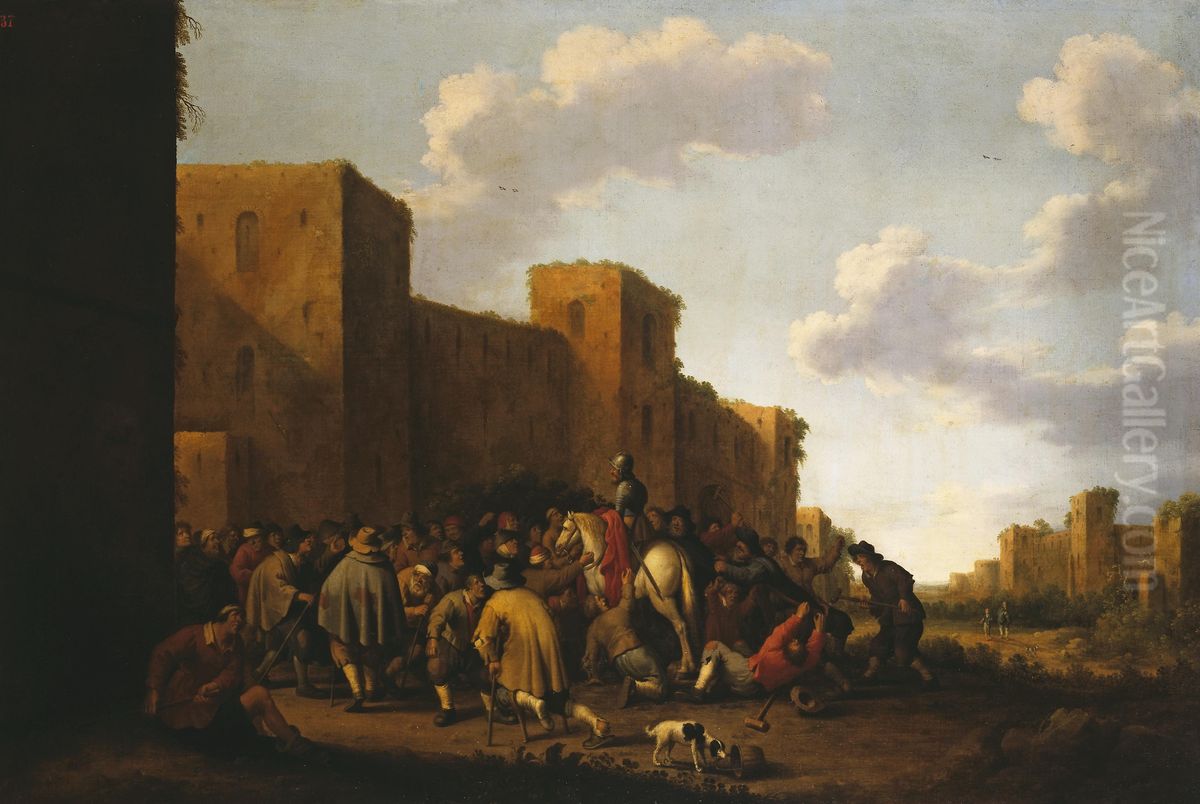 St Martin at the Gates of Amiens (The Merciful Knight) Oil Painting by Joost Cornelisz Droochsloot