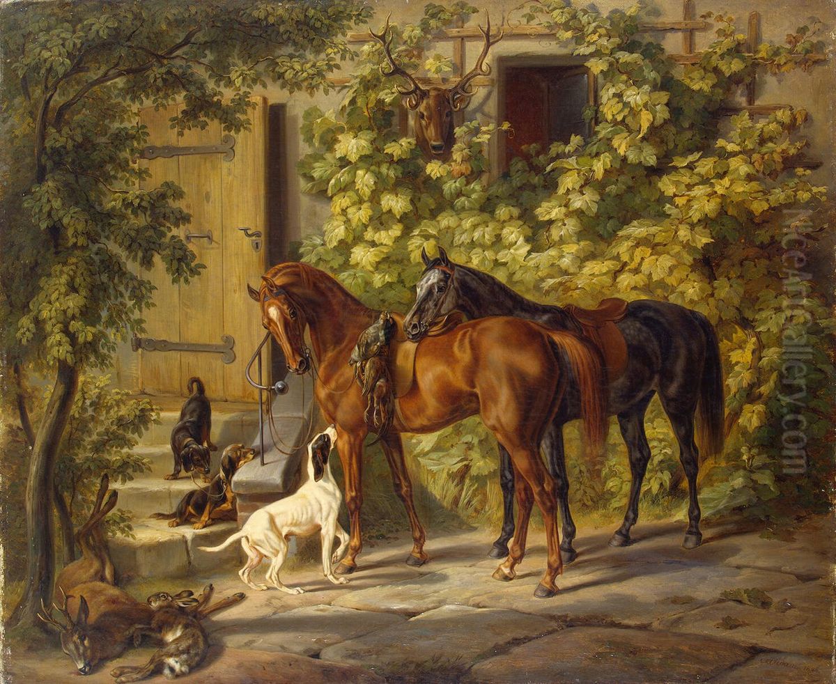 Horses at the Porch Oil Painting by Albrecht Adam
