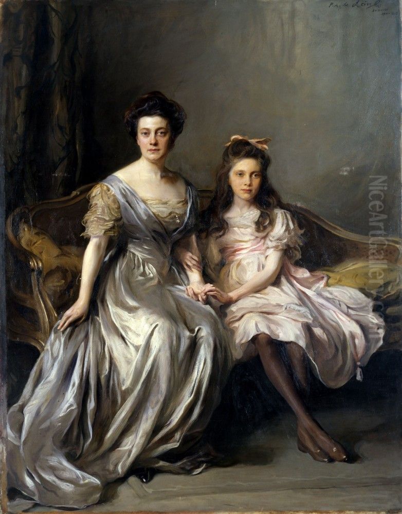 Portrait of a Lady and her Daughter (Portrait of Anya and Lanya) Oil Painting by Philip de Laszlo