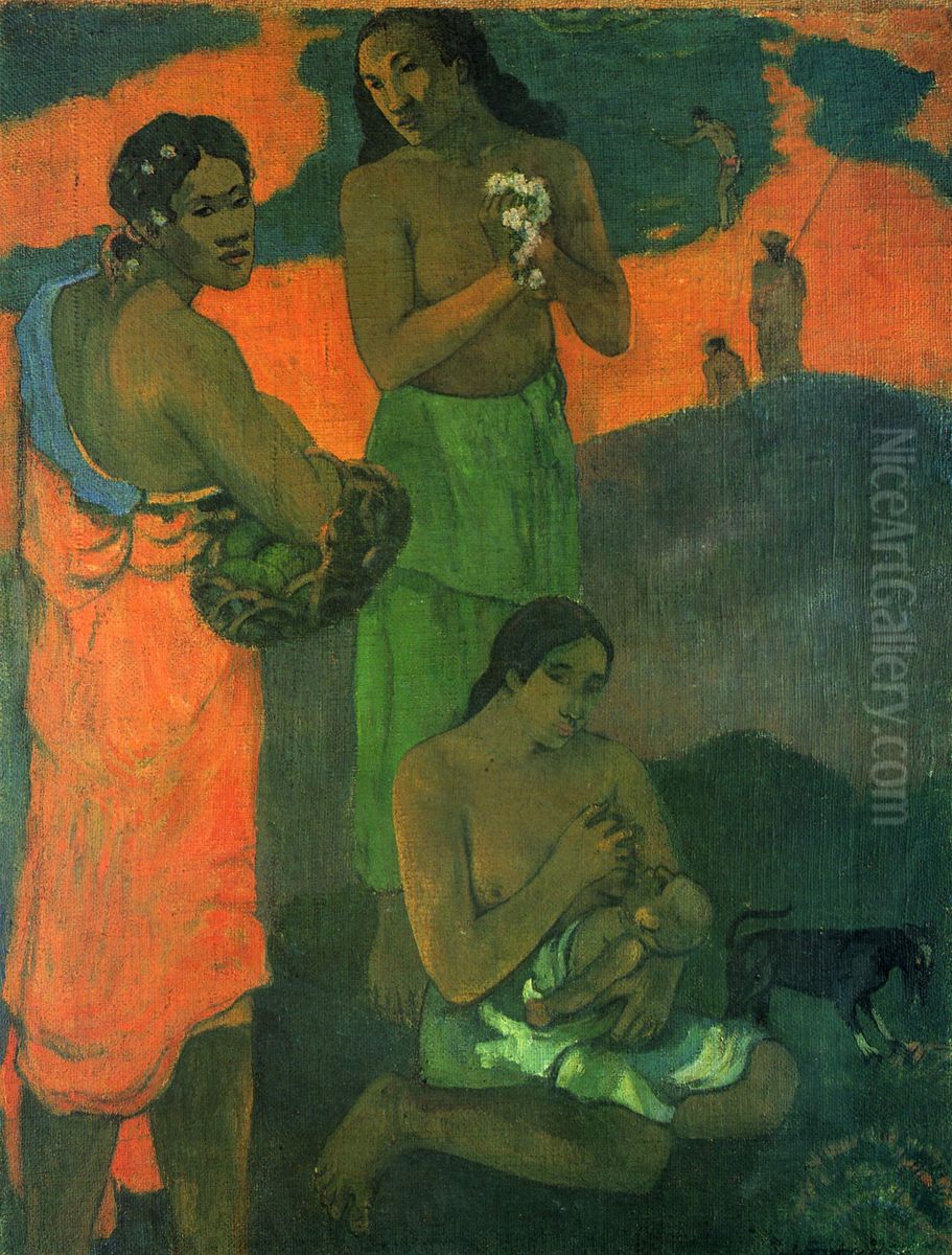 Women on the Seashore (Motherhood I) Oil Painting by Paul Gauguin