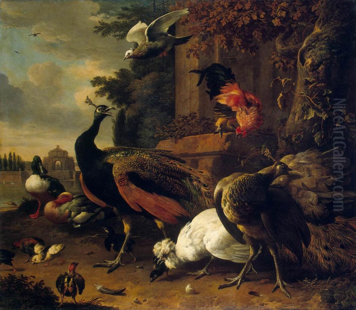 Birds in a Park Oil Painting by Melchior D'Hondecoeter
