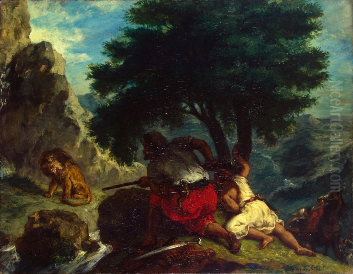 Chasse au lion au Maroc Oil Painting by Eugene Delacroix