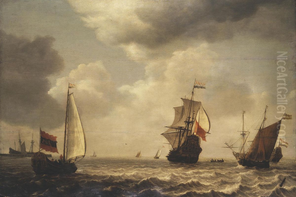 Volnuuseesa more s parusnymi sudami Oil Painting by Simon De Vlieger