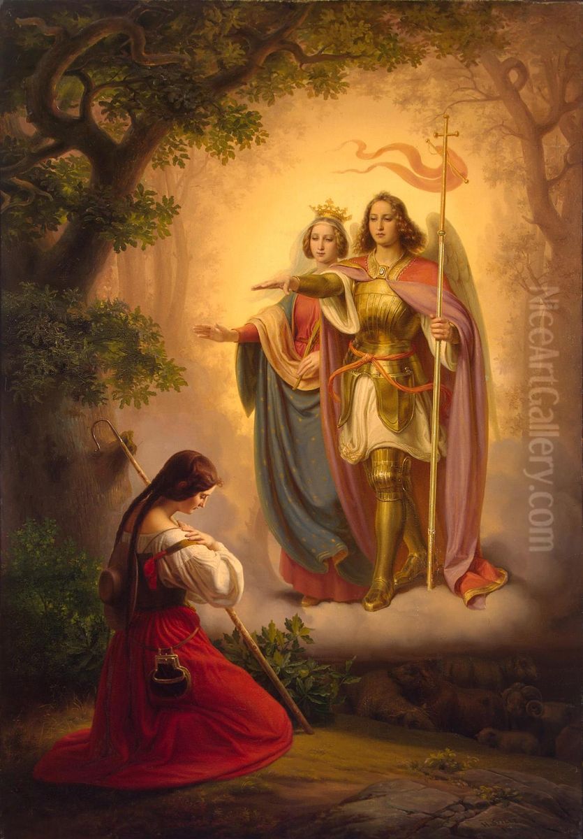 Appearance of Saints Catherine and Michael to Joan of Arc (Left-Hand Part ofThe Life of Joan of ArcTriptych) Oil Painting by Hermann Stilke