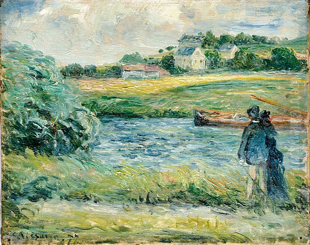 A stroll on the banks of the Oise Oil Painting by Camille Pissarro