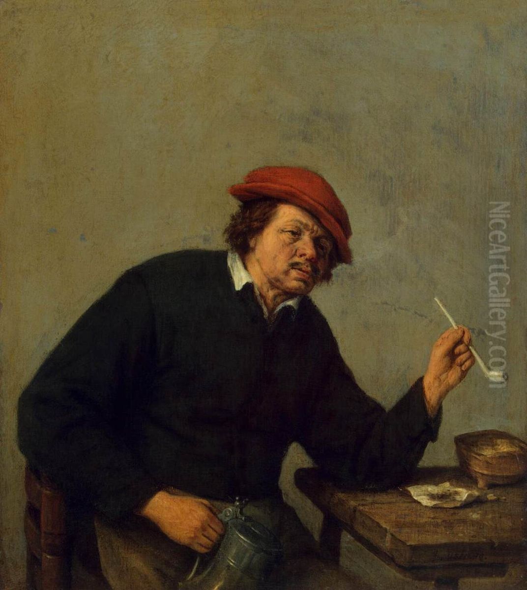 Rokende man met een kan bij een tafel Oil Painting by Adriaen van Ostade