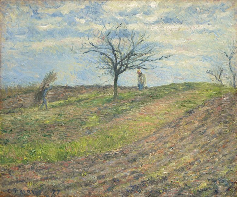 Ploughed Field in Winter with a Man Carrying a Bundle of Sticks Oil Painting by Camille Pissarro
