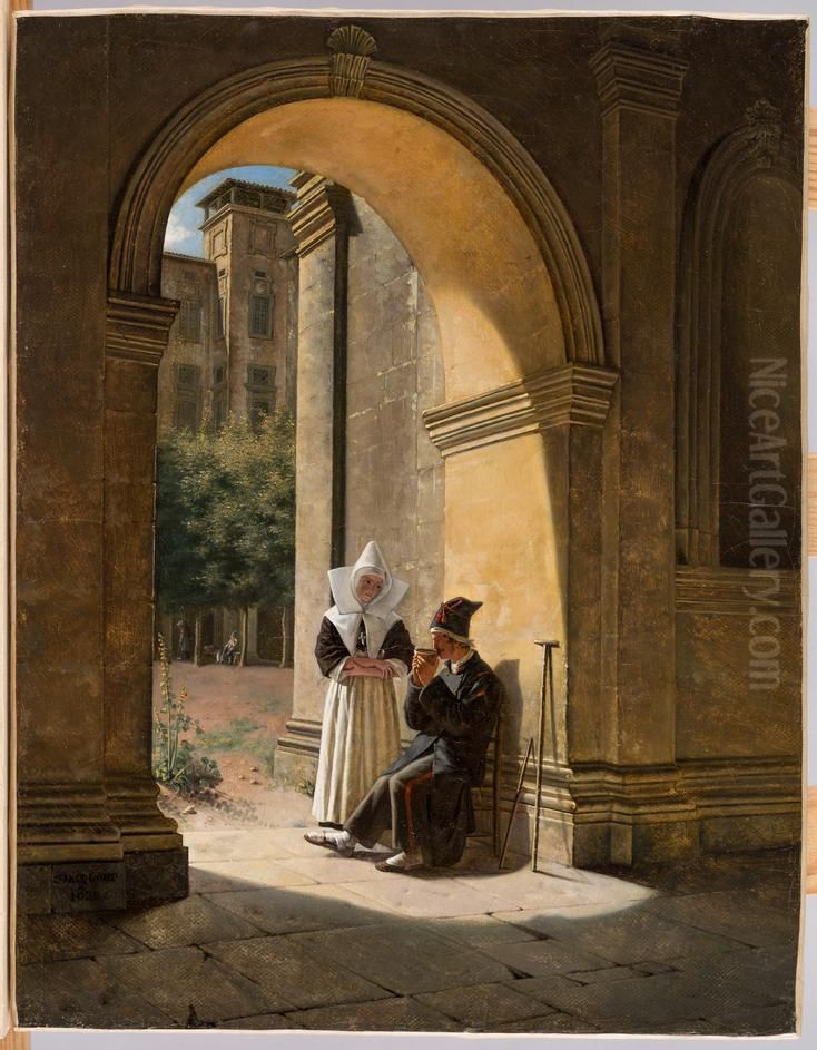 A Nun Cares for a Soldier in a Cloister Oil Painting by Claudius Jacquand
