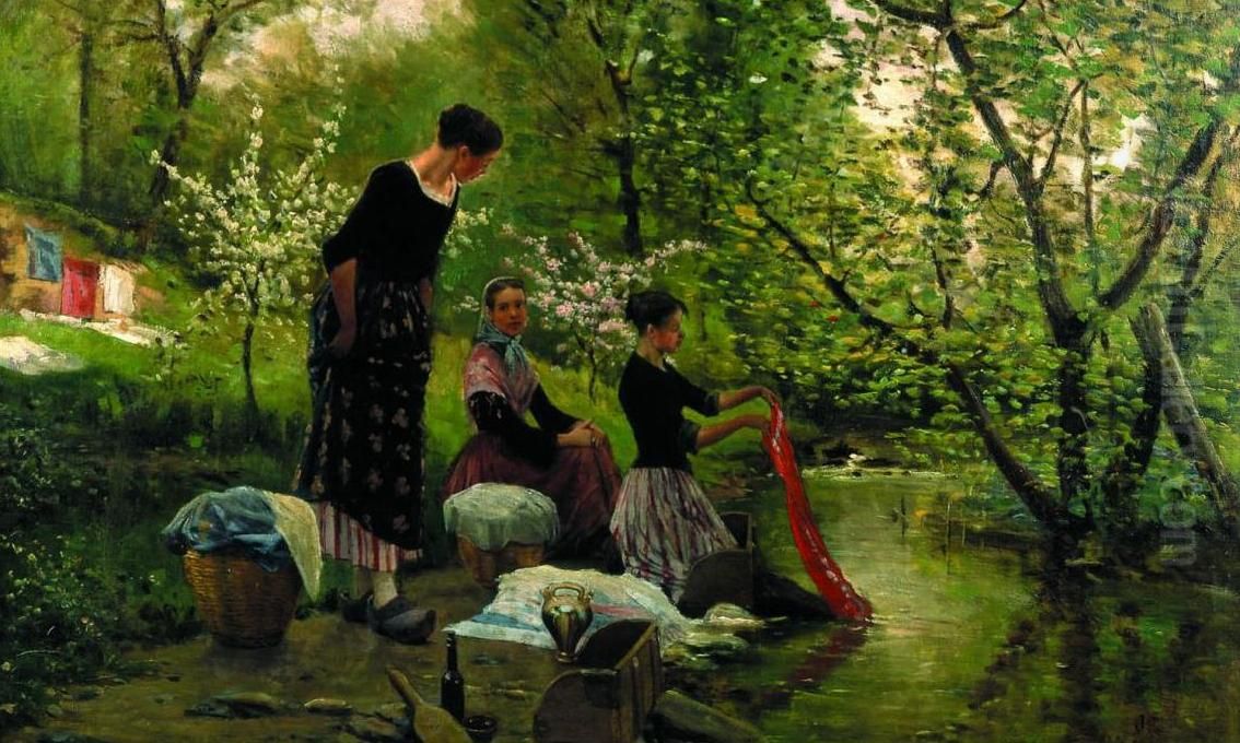 Les Lavandieres Oil Painting by Joaquim Vayreda i Vila