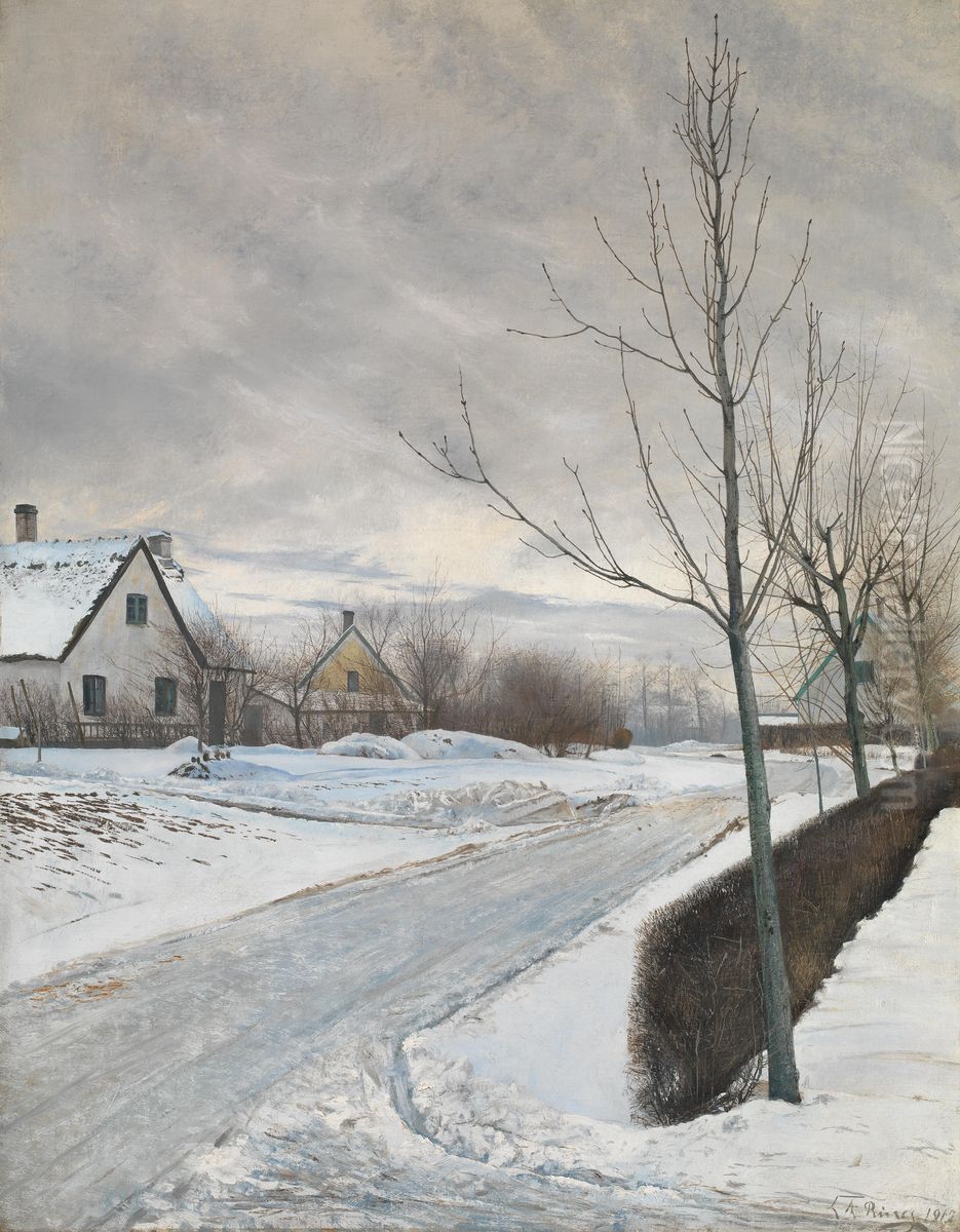 Road in the Village of Baldersbronde (Winter Day) Oil Painting by Laurits Andersen Ring