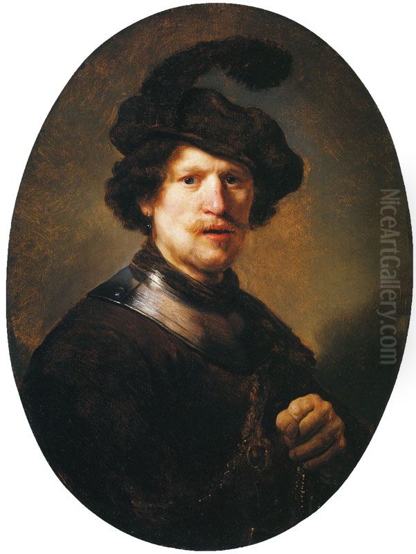 Man Wearing a Plumed Beret and Gorget Oil Painting by Rembrandt