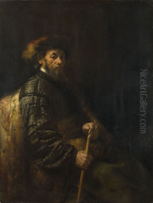 Zittende heer met een stok Oil Painting by Rembrandt