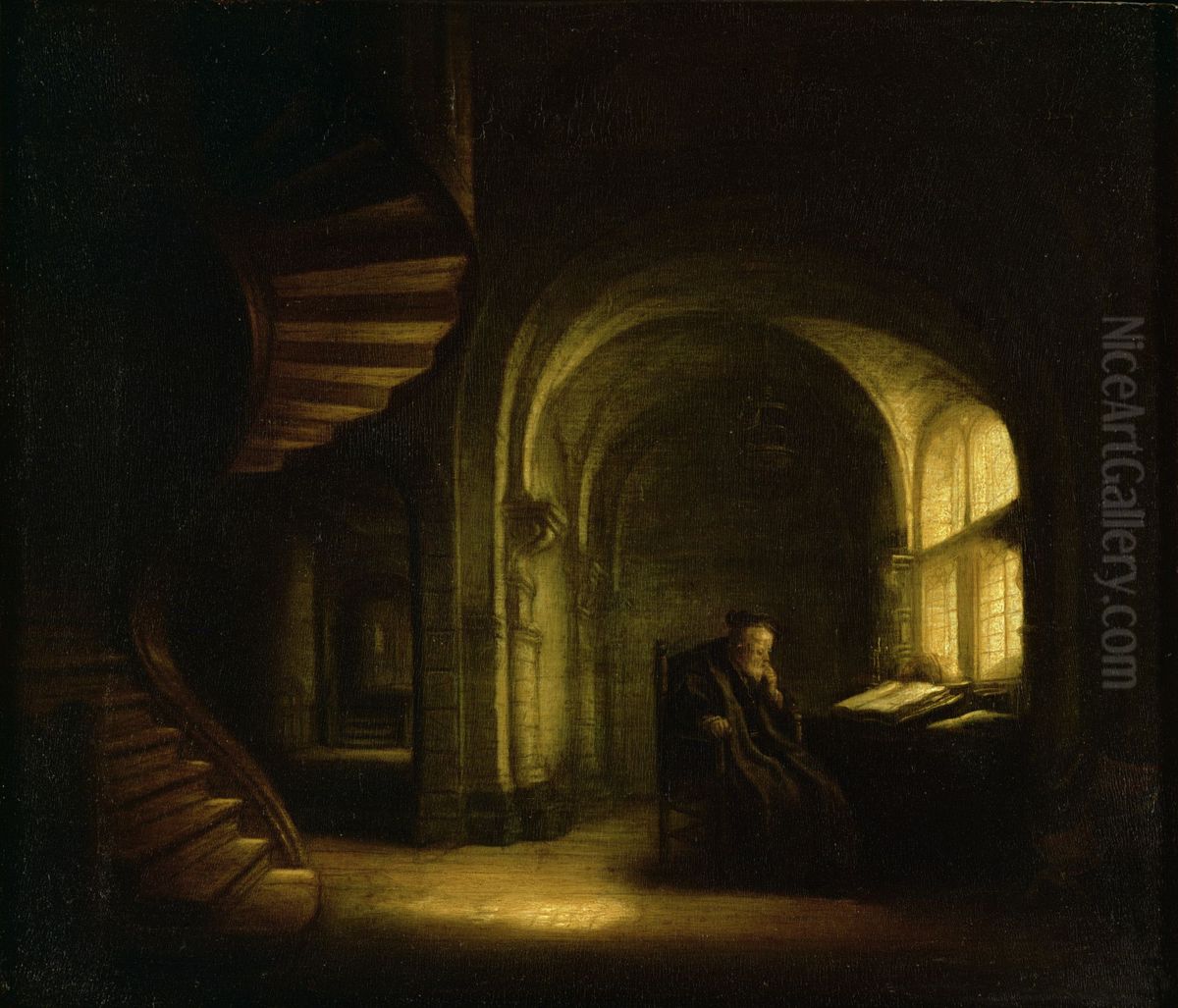 Philosopher with an Open Book, copy of Rembrandt'sPhilosopher in Meditation(INV 1740) Oil Painting by Salomon Koninck