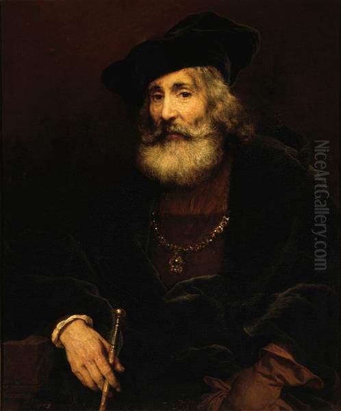 Seated old man with a cane in fanciful costume Oil Painting by Rembrandt