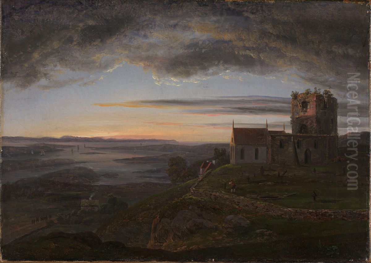 The ruined Church at Avaldsnes at Karmoy Oil Painting by Johan Wilhelm Ludwig Dahl