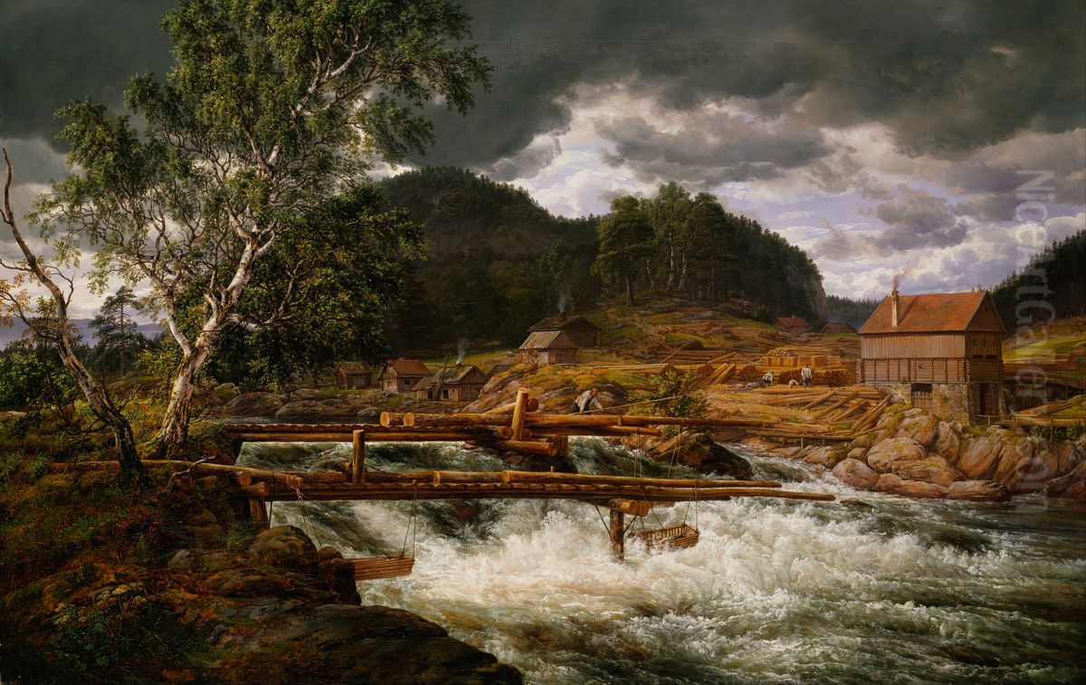 Hellefossen ved Hokksund Oil Painting by Johan Wilhelm Ludwig Dahl