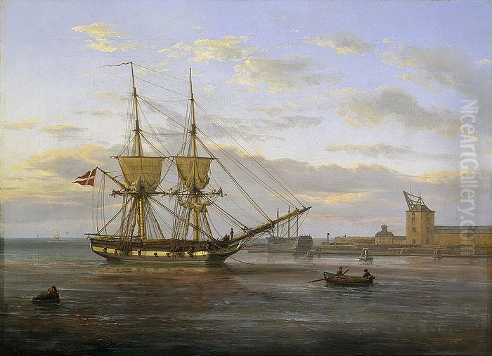 Entrance to the Port of Copenhagen with the Masting Sheer seen to the right. Oil Painting by Johan Wilhelm Ludwig Dahl