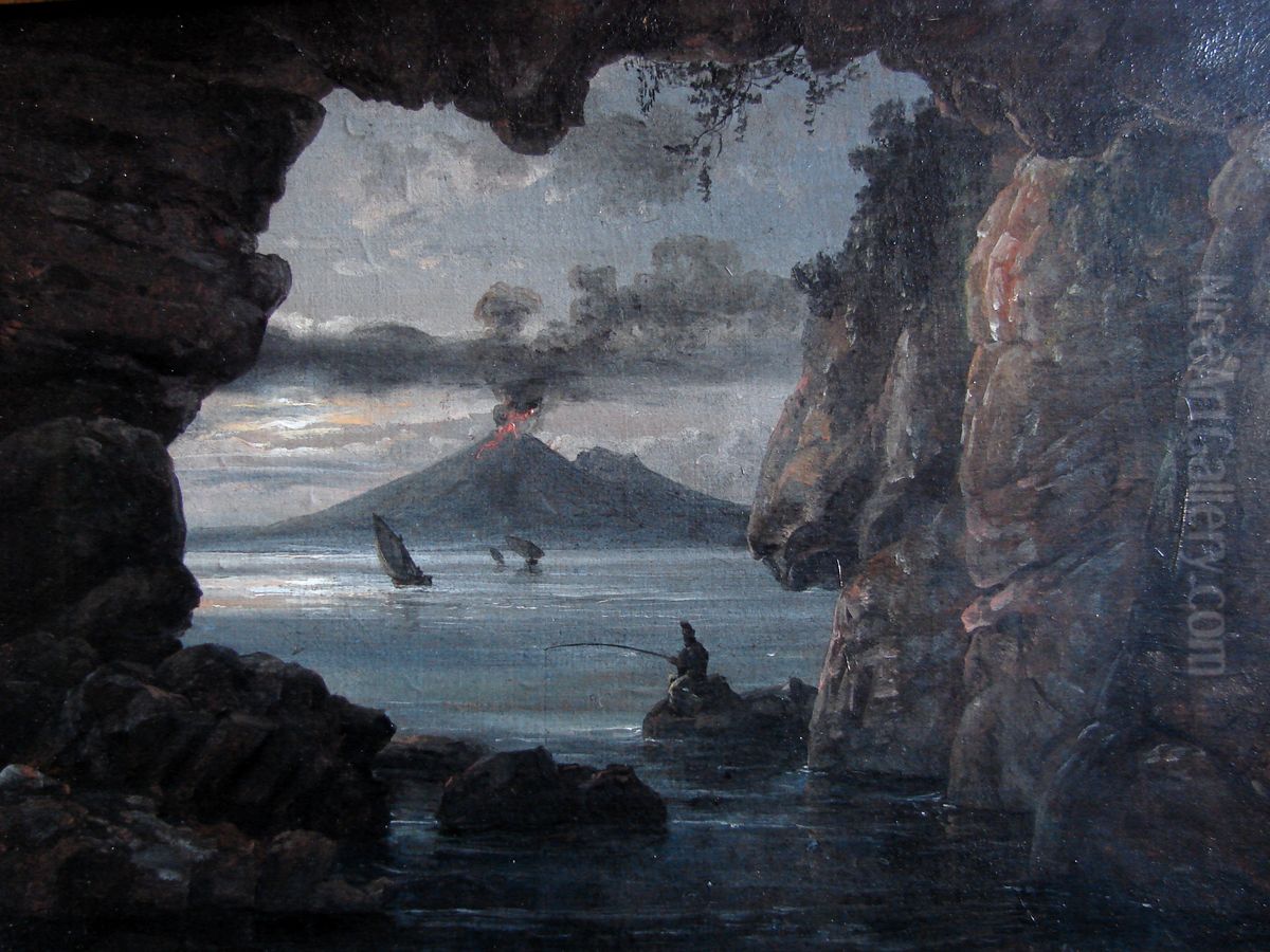 Bugten ved Napoli set fra en grotte Oil Painting by Johan Wilhelm Ludwig Dahl