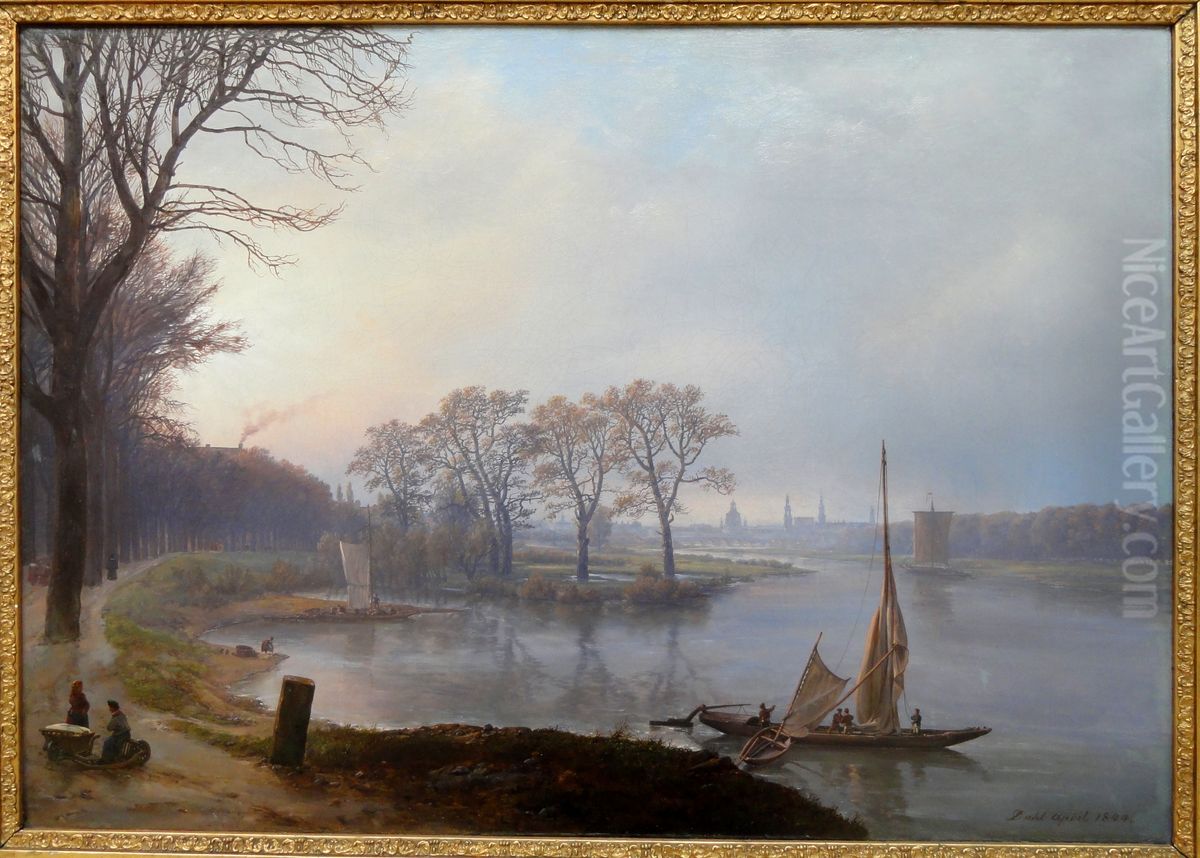Prospect of Dresden Seen from Pieschen, March Haze Oil Painting by Johan Wilhelm Ludwig Dahl