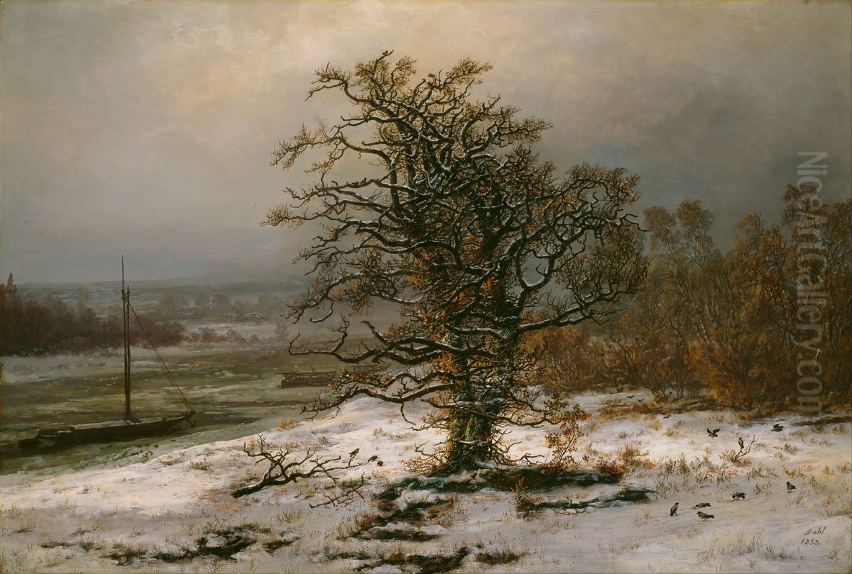 Oak Tree by the Elbe in Winter Oil Painting by Johan Wilhelm Ludwig Dahl