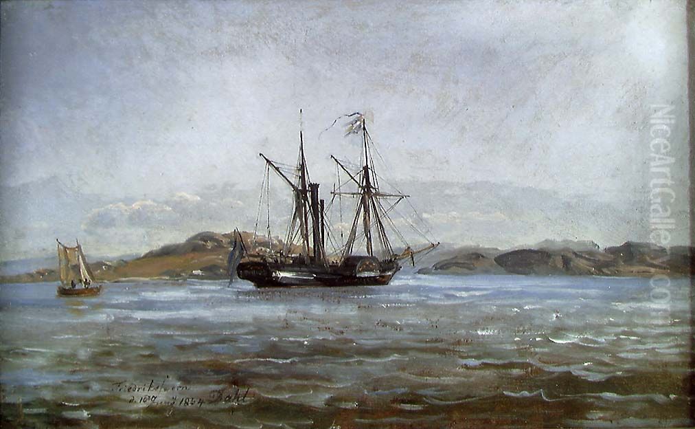 A Steamer near Fredriksvern (Stavern) Oil Painting by Johan Wilhelm Ludwig Dahl