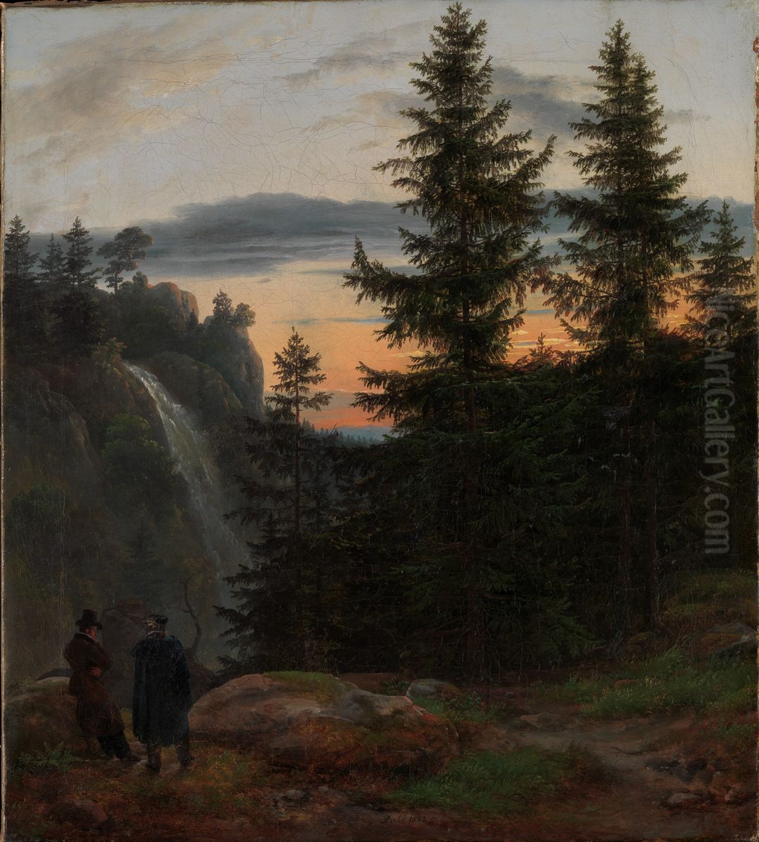 Two Men before a Waterfall at Sunset Oil Painting by Johan Wilhelm Ludwig Dahl