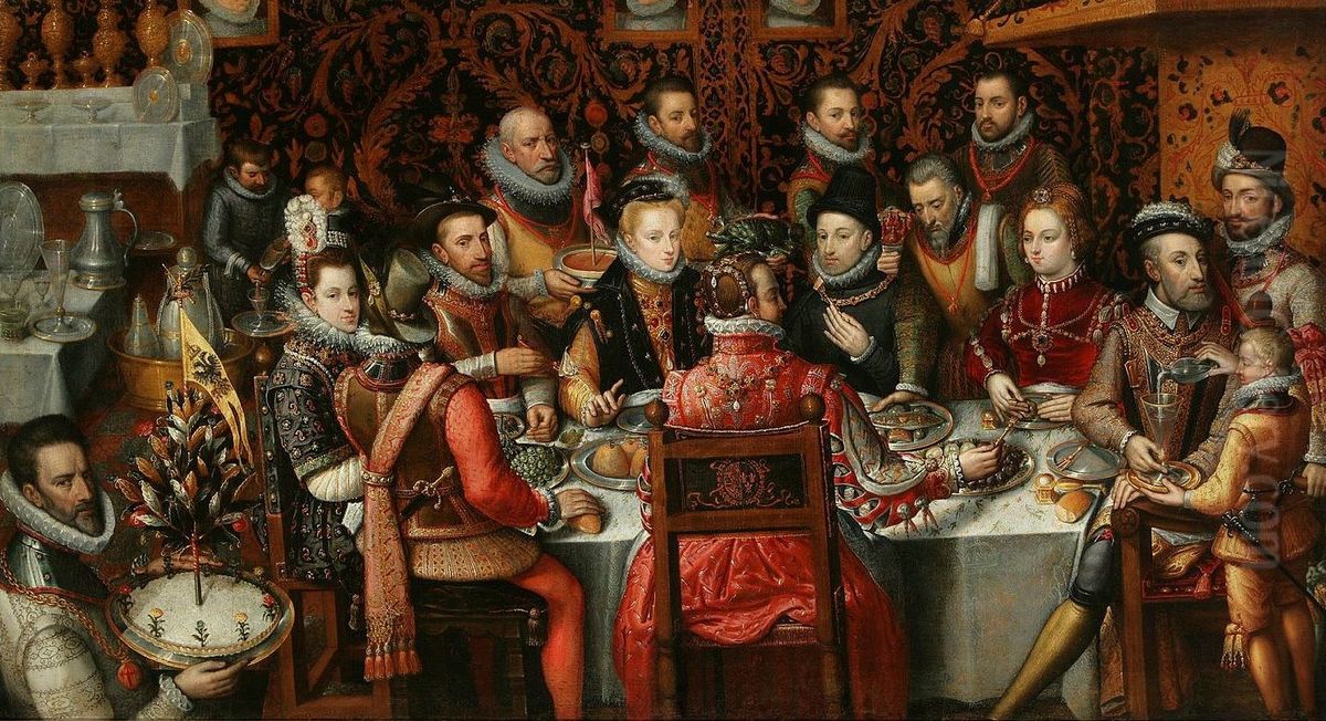 King Philip II of Spain banqueting with his family and courtiers (The Royal feast). Oil Painting by Alonso Sanchez Coello