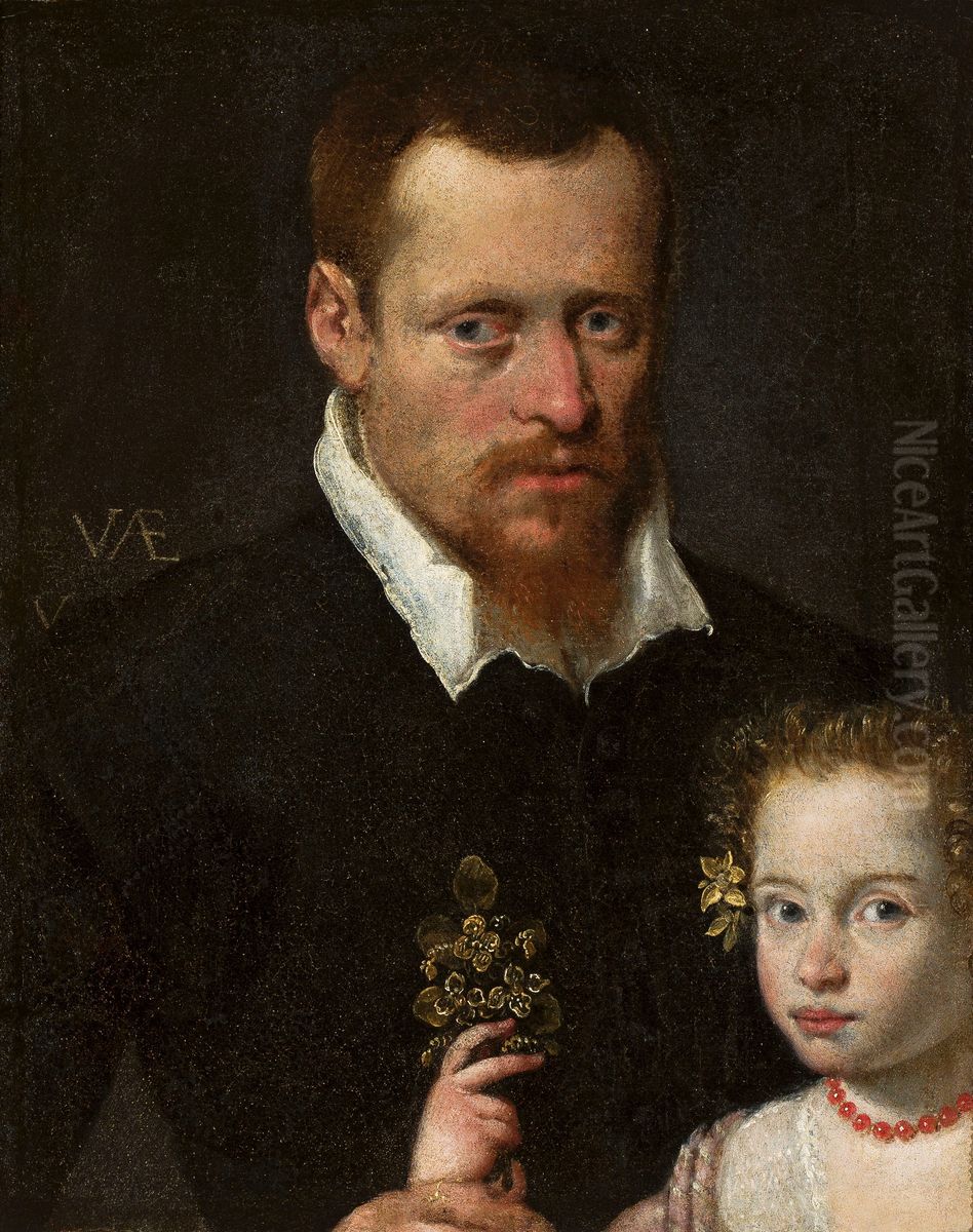 Portrait of a man with his daughter. Oil Painting by Sofonisba Anguissola