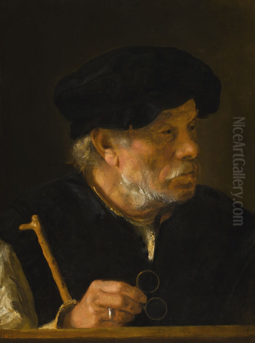 Old man holding his spectacles Oil Painting by Karel van der Pluym
