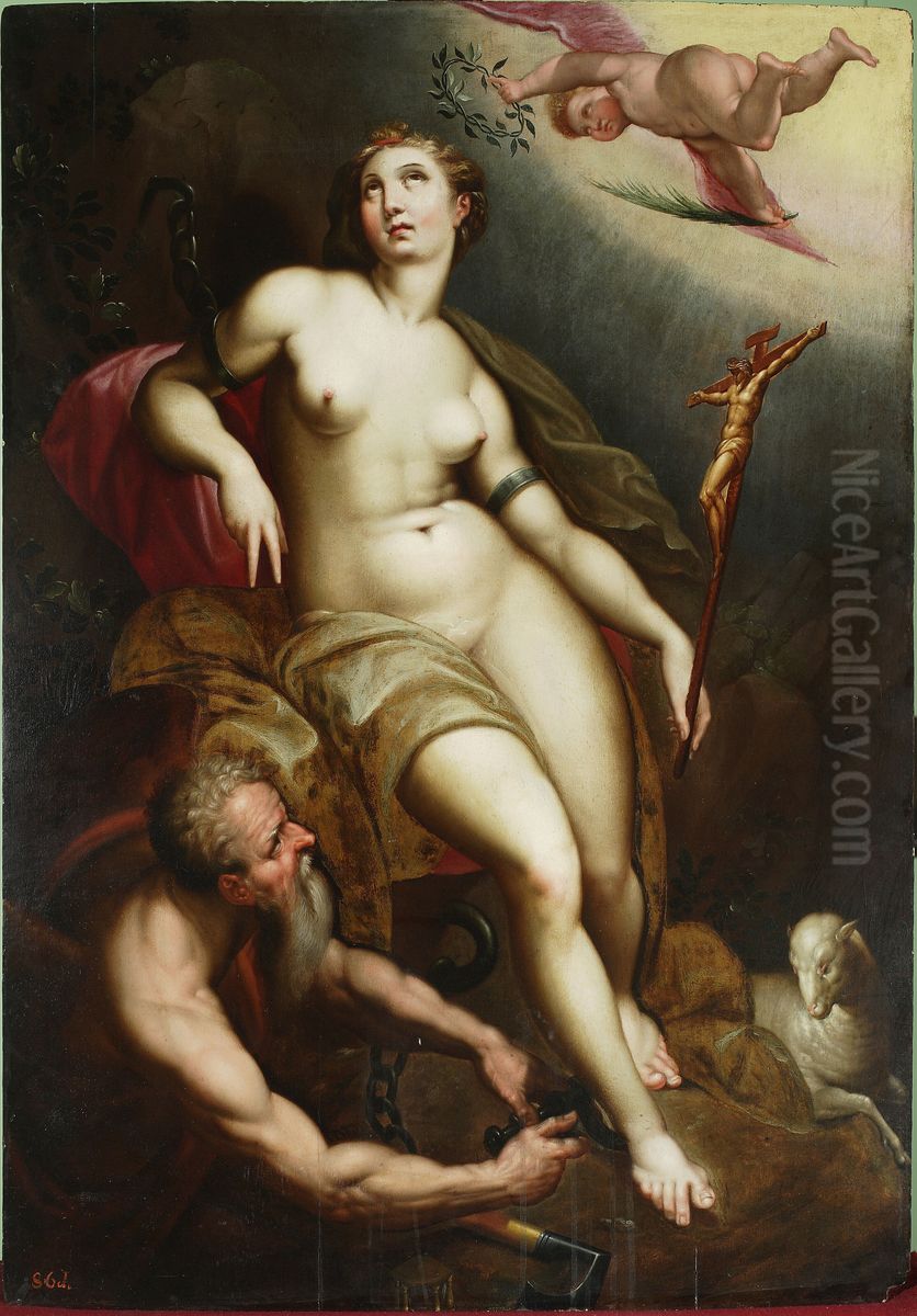 Allegory of Christian patience with Chronos releasing her from the shackles Oil Painting by Jacob De Backer