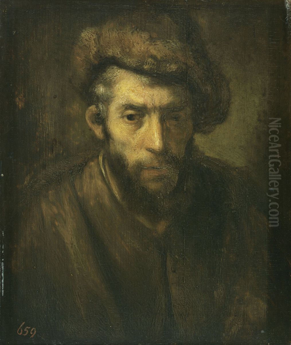 Bust of a man with a fur hat Oil Painting by Rembrandt