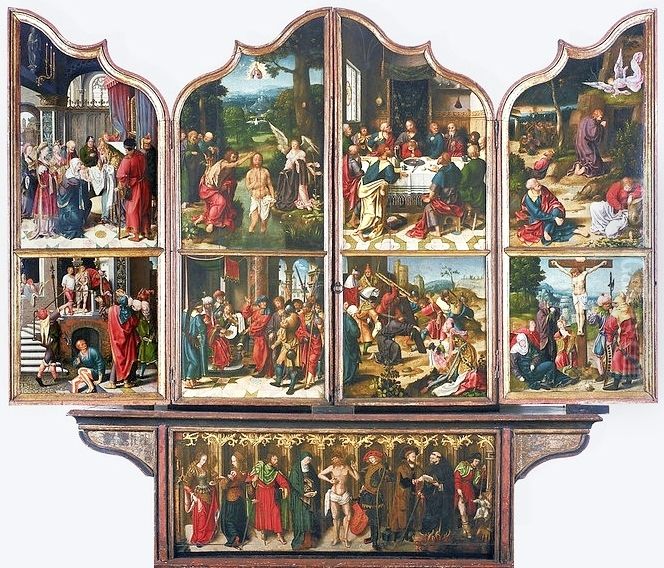 The Presentation in the Temple, Ecce Homo (left wing); The Baptism of Christ, The Last Supper, Christ before Pilate, The carrying of the Cross (centre); The Agony in the Garden, The Crucifixion (right wing); Man of Sorrows with saints (predella) Oil Painting by Joos Van Cleve